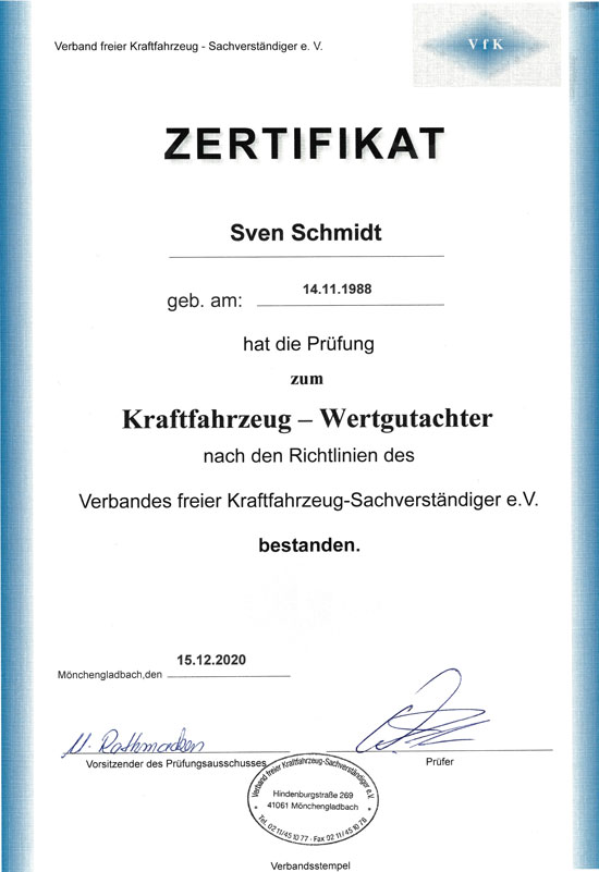 Sven Schmidt Zertifikat